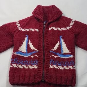 Red Knit Wool Sweater with Sailboat Design